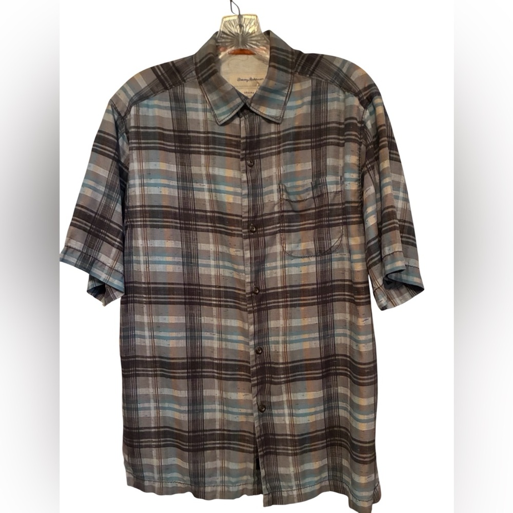 EUC TOMMY BAHAMA 100% SILK PLAID SHORT SLEEVE BUTTON DOWN GRAY SHIRT SIZE S